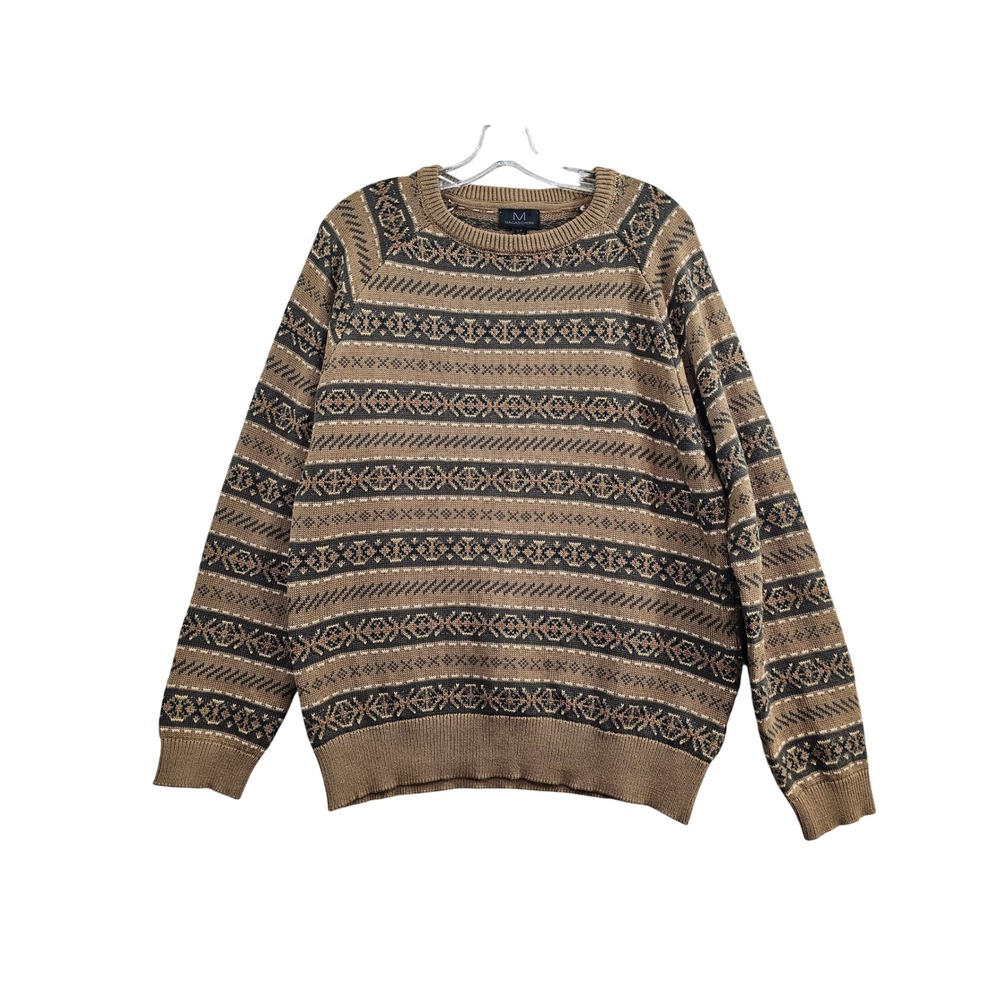 Magaschoni Sweater Mens Small Brown Fair Isle Geometric Knit Cosby Crew Neck EUC
